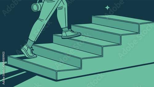 Illustration of Person Climbing Stairs Steps to Success Upward Mobility Career Growth Concept.