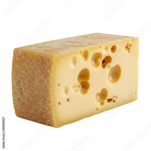 Brick of cheese with rind and holes on a white surface, Vegan Food, PNG format.