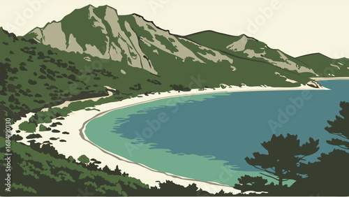 Coastal Scene Illustration Serene Beach and Mountain Landscape.