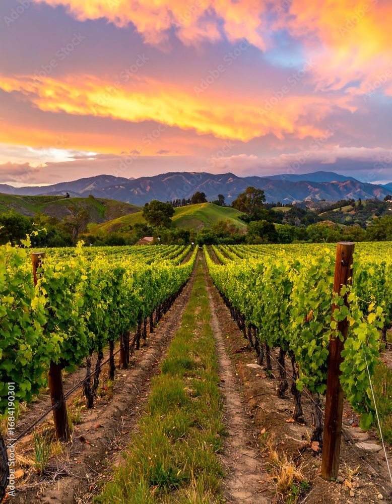 Naklejka premium Vineyard sunset landscape