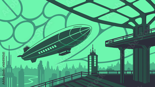 Airship over futuristic cityscape illustration.