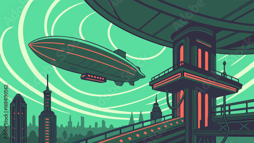 Retro Futuristic Airship Above Cityscape Sci-Fi Illustration Vintage Design Art Deco Style Urban Fantasy Zeppelin Air Travel Modern City Futuristic Architecture Green and Teal Color Palette.