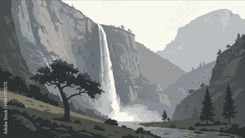 Mountain Waterfall Landscape with River.