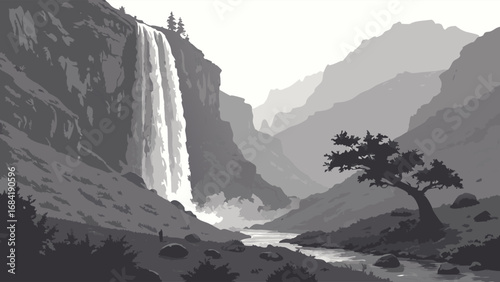 Serene Waterfall Landscape Monochromatic Mountain Valley Scene with River and Trees.