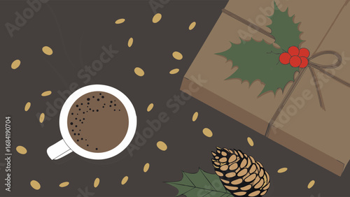 Cozy Christmas Flatlay with Coffee Holly and Gift.