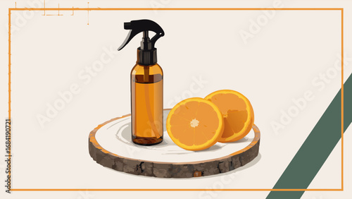 Orange Spray Bottle on Wooden Slice.
