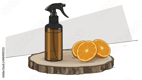 Citrus Spray Bottle with Orange Slices on Wooden Slice - Natural Product Mockup Illustration.