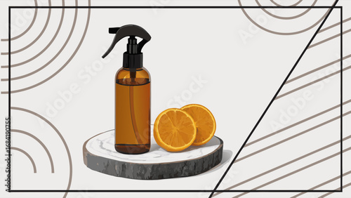Aromatic Spray Bottle with Citrus Fruits on Wooden Stand.