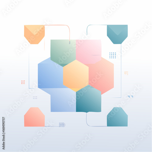 Abstract geometric composition with interconnected hexagonal shapes and pastel colors.