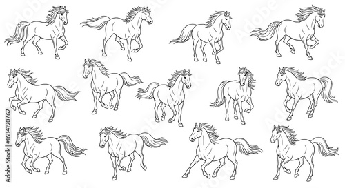 Dynamic collection of clean line art captures the essence of equine grace and power, showcasing a variety of horses in full motion with flowing manes and tails.