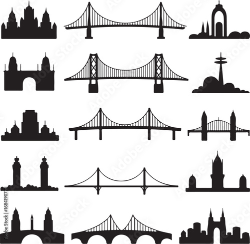 Collection of famous bridges and city skyline silhouettes suspension bridge arch bridge