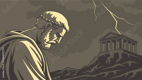Ancient Greek Statue Stormy Sky Temple Illustration Mythology History Design.