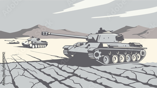 Military Tank on Barren Landscape Vector Illustration.