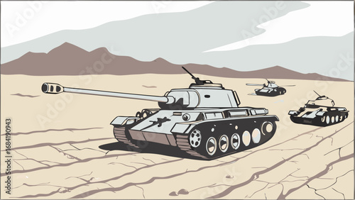 Military Tanks Rolling Across Desert Landscape War Scene Illustration Armored Vehicles.