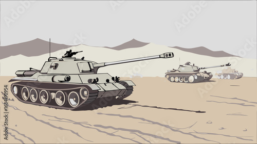 Military Tanks in Desert Terrain.