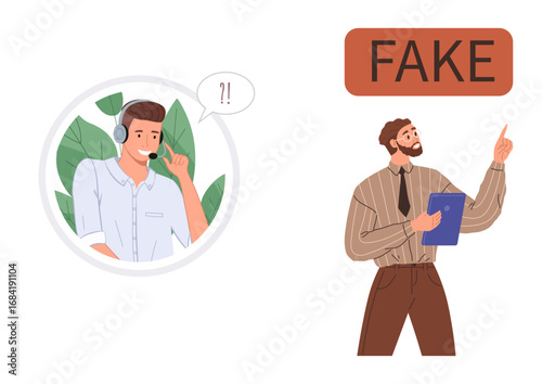 Customer support operator responding to a suspicious call, while another person identifies the interaction as fake. Ideal for fraud, scam prevention, customer service, cybersecurity, online safety