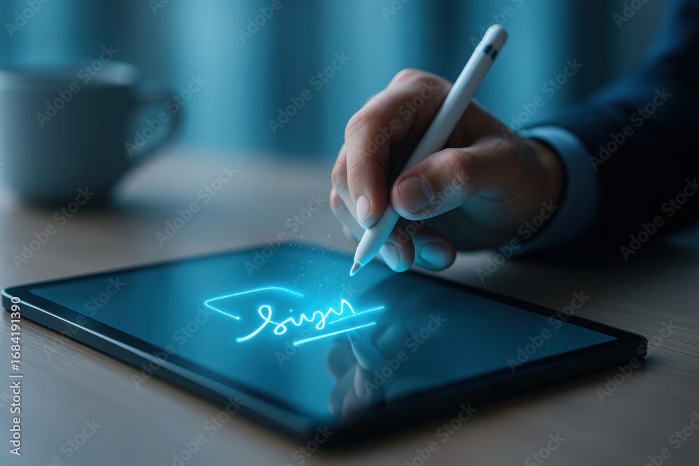 Fototapeta premium Person uses stylus to create glowing digital signature on tablet