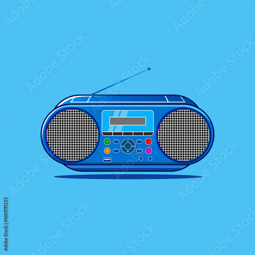 Retro Blue Portable Radio with Antenna on Blue Background