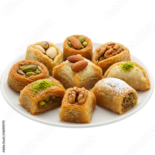 Ssorted Middle Eastern pastries with nuts on a platter, close-up isolated on white or transparant background, PNG format.