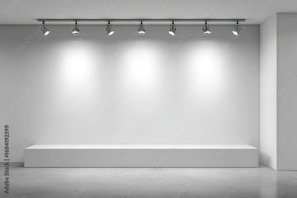 custom made wallpaper toronto digitalMinimalist white gallery interior with empty wall podium and spotlights for exhibition or presentation.