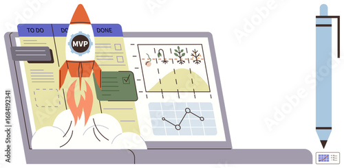 Rocket with MVP label launching from laptop screen displaying task board and performance charts. Ideal for innovation, entrepreneurship, project management, business planning, productivity, success