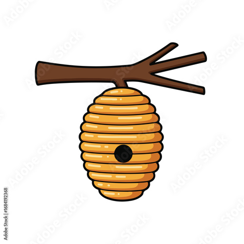 A beehive hangs from a branch of a tree