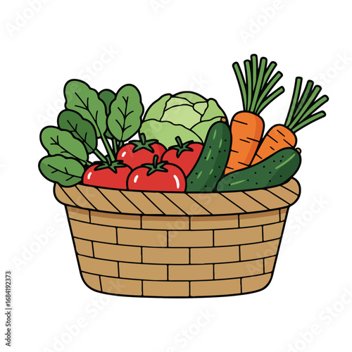 A basket filled with fresh vegetables including tomatoes spinach cabbage cucumbers and carrots