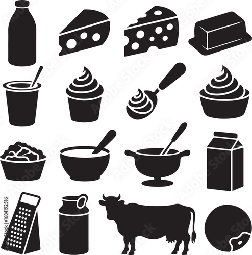Dairy Products And Cow Silhouette Collection Vector Icons milk cheese