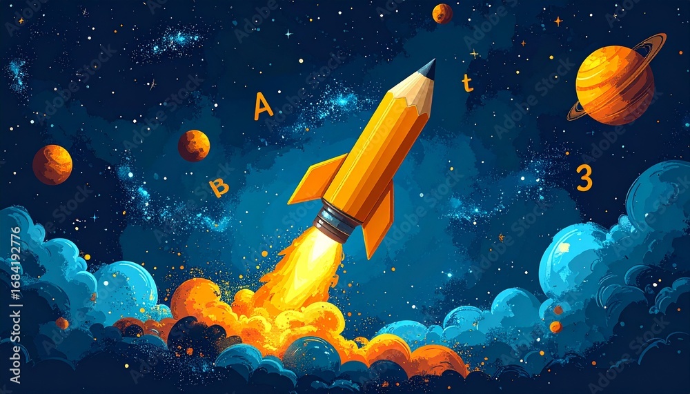 Fototapeta premium Launch Your Creativity: A Pencil Rocket Soaring Through Space