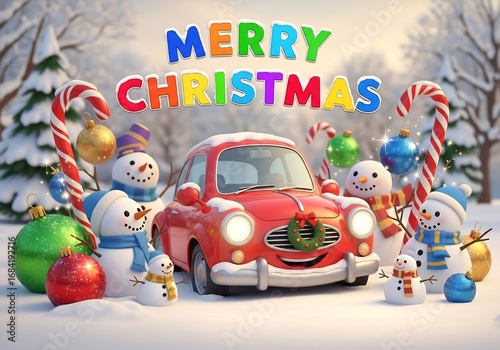 Merry Christmas - Festive Cartoon Car with a Pile of Gifts