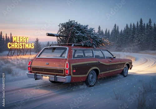 Merry Christmas - Vintage Car with Tree on Roof in a Snowy Landscape