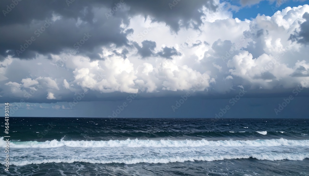 Fototapeta premium Ocean waves crash on the shore under dramatic storm clouds with a glimpse of blue sky