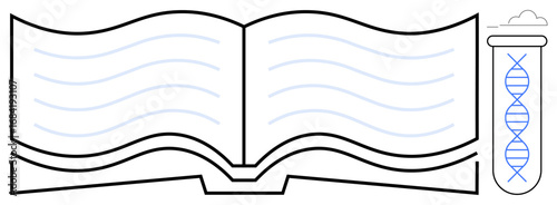 Open book with flowing lines next to test tube with double-helix design. Ideal for education, genetics, research, biotechnology, learning, science, innovation representation. Simple flat metaphor