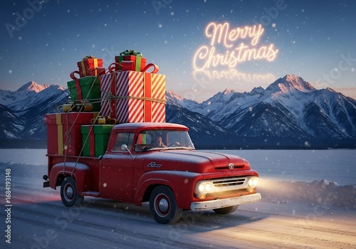 Vintage Red Truck Carrying Christmas Gifts Through a Snowy Mountain Landscape