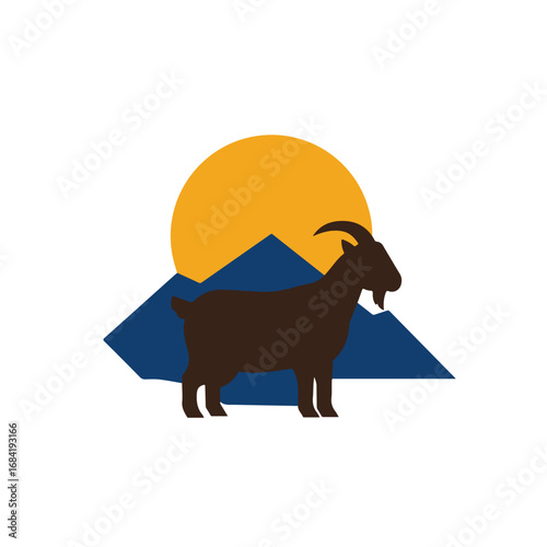 A brown goat stands before two blue mountains and a yellow sun