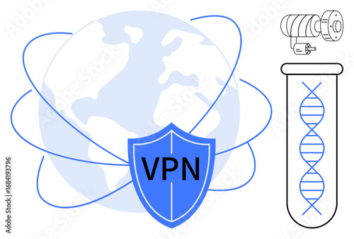 VPN shield over Earth with orbit lines, DNA in test tube, and data encryption icon. Ideal for cybersecurity, science, privacy, global connection, biotechnology safety and technology. Clean flat