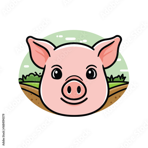 A cartoon pigs face peeking out of a ditch