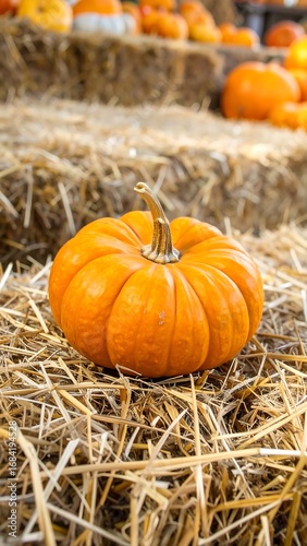 A vibrant orange pumpkin rests atop a bed of straw, showcasing autumnal hues and a rustic setting.