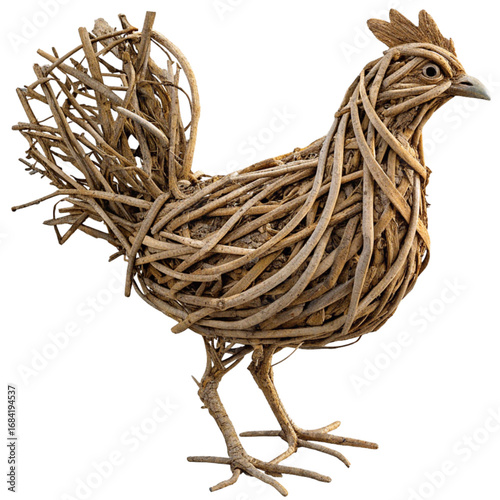 Artistic rustic chicken sculpture crafted from natural twigs and branches, perfect for country decor