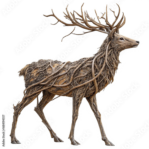 Majestic stag artfully crafted from intricate tree roots, symbolizing nature's power and resilience, perfect for creative projects.