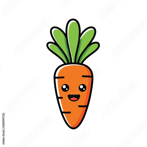 A cute cartoon carrot with green leafy top and a smiling face
