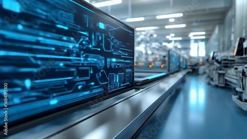 Edge AI integration pipeline animation. High-tech manufacturing facility showcasing automated assembly line with machinery