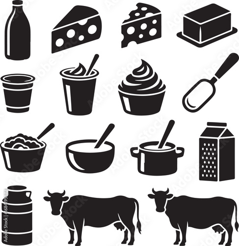Sixteen black silhouette icons of dairy products and cows on a white background milk bottle