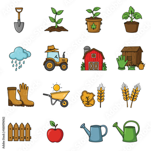 A grid of 16 cartoon farmrelated icons