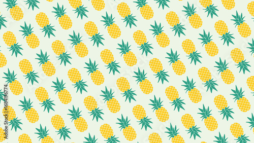 A fun and seamless pineapple pattern on a soft green background. This tropical fruit vector is perfect for summer designs, fabric, and wrapping paper