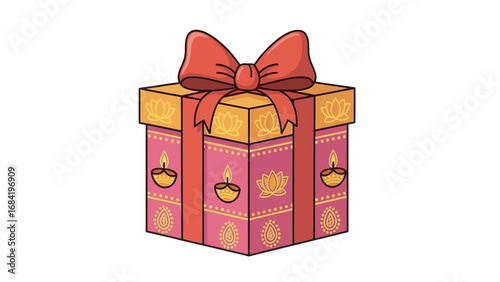 Festive gift box adorned with traditional Indian motifs and a red ribbon, perfect for celebrations like Diwali or weddings, symbolizing joy and giving