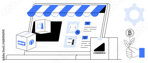 Large screen displays online shop with product listings, buy buttons, and discount icons. Additional elements include a package, gear, and a Bitcoin symbol with leaves. Ideal for e-commerce, digital