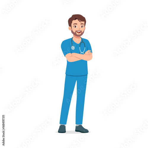 Smiling Male Doctor in Blue Scrubs with Stethoscope and Arms Crossed Full Body Shot
