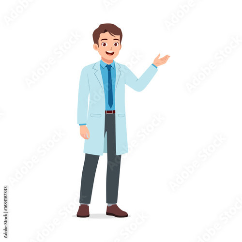 Happy Young Male Doctor in Lab Coat Presenting Information Medical Professional Illustration