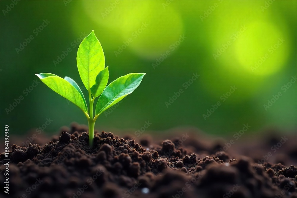 Naklejka premium Close-up of a vibrant green plant thriving in rich soil, symbolizing natural healing and restoration A concept of background cure, natural remedies, and holistic wellness , growth, biodiversity